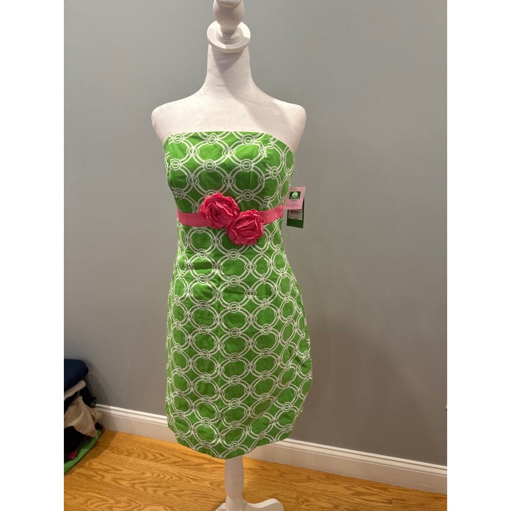 Lilly Pulitzer Green/Pink Strapless Circle Of Roses Jacquard Bowen Dress 6, NWT
